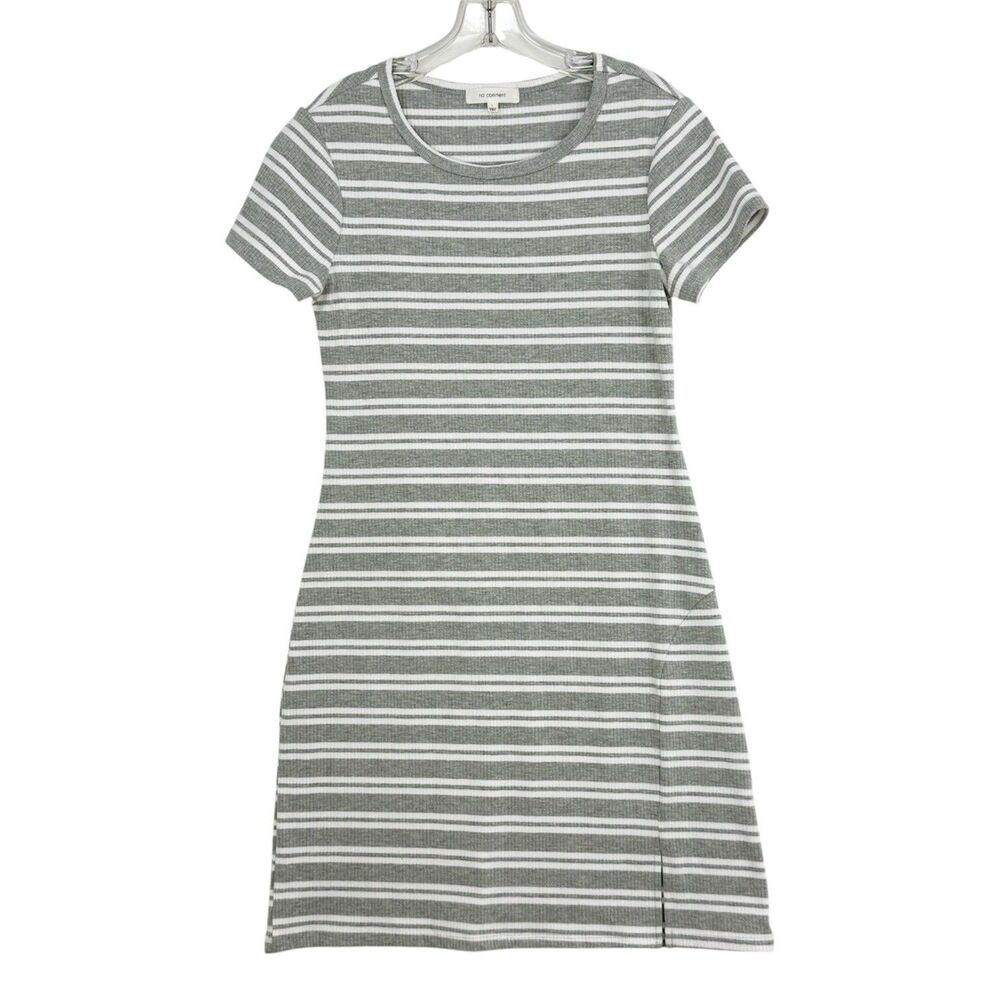 No Comment Women’s L Green White Striped Bodycon Dress Short Sleeve Stretch Knit